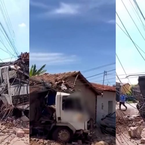 Caçamba sai da pista, atinge residência e derruba poste em bairro de Imperatriz