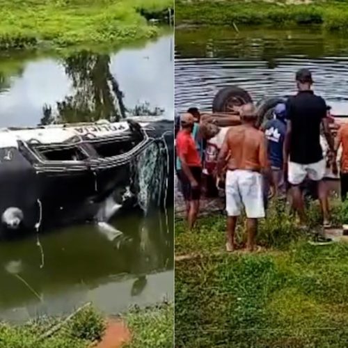 Viatura da Polícia Civil capota e cai em açude em Matinha; dois policiais ficam feridos